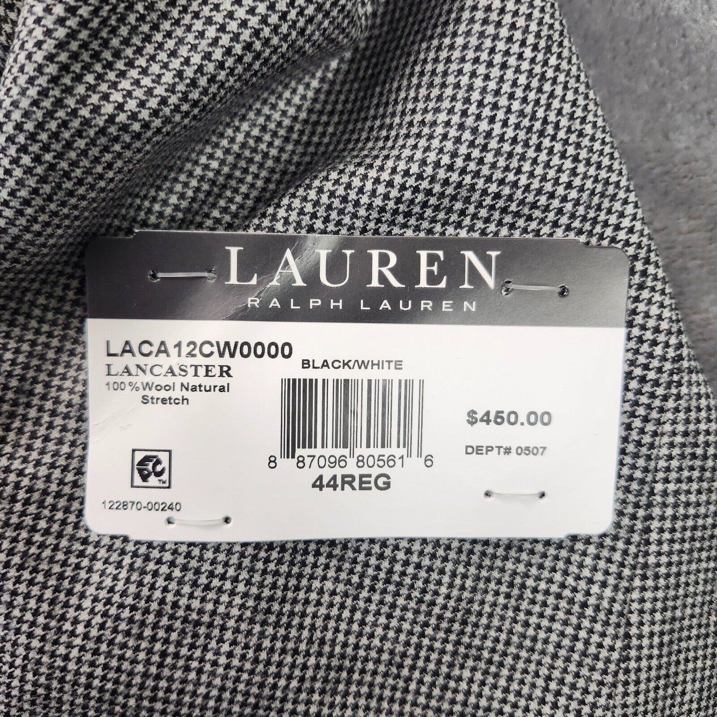 Lauren Ralph Lauren Classic-Fit Wool Suit Jacket Black/White Houndstooth 44R NWT