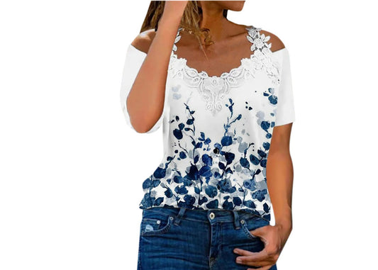 Womens Top Cold Shoulder V Neck Lace Short Sleeve Large
