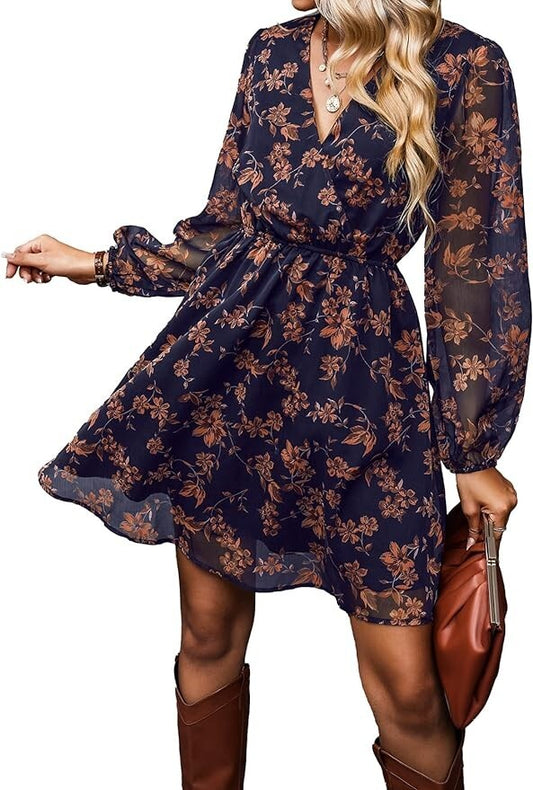 Women's Long Sleeve Elastic Waist Ditsy Floral Dress - Cupshe- XXL