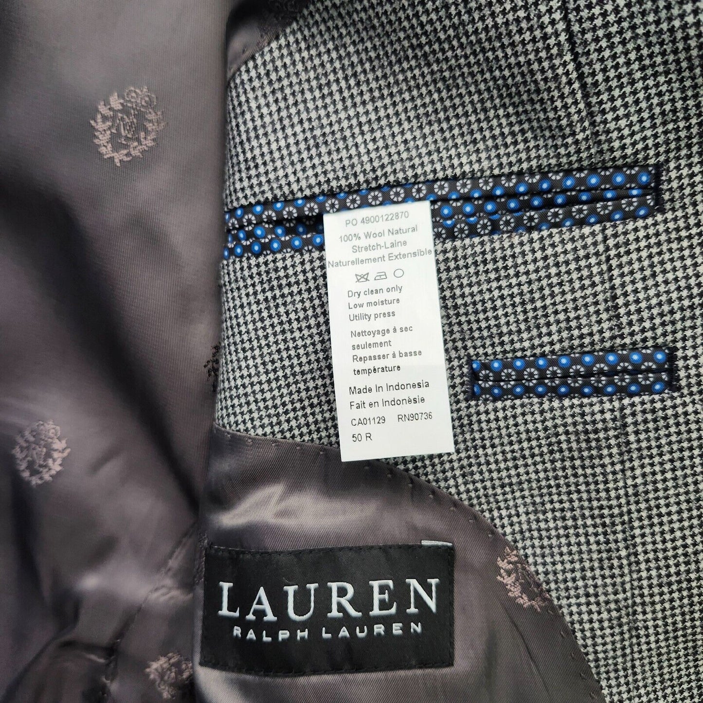 Lauren Ralph Lauren Classic-Fit Wool Suit Jacket Black/White Houndstooth 50R NWT