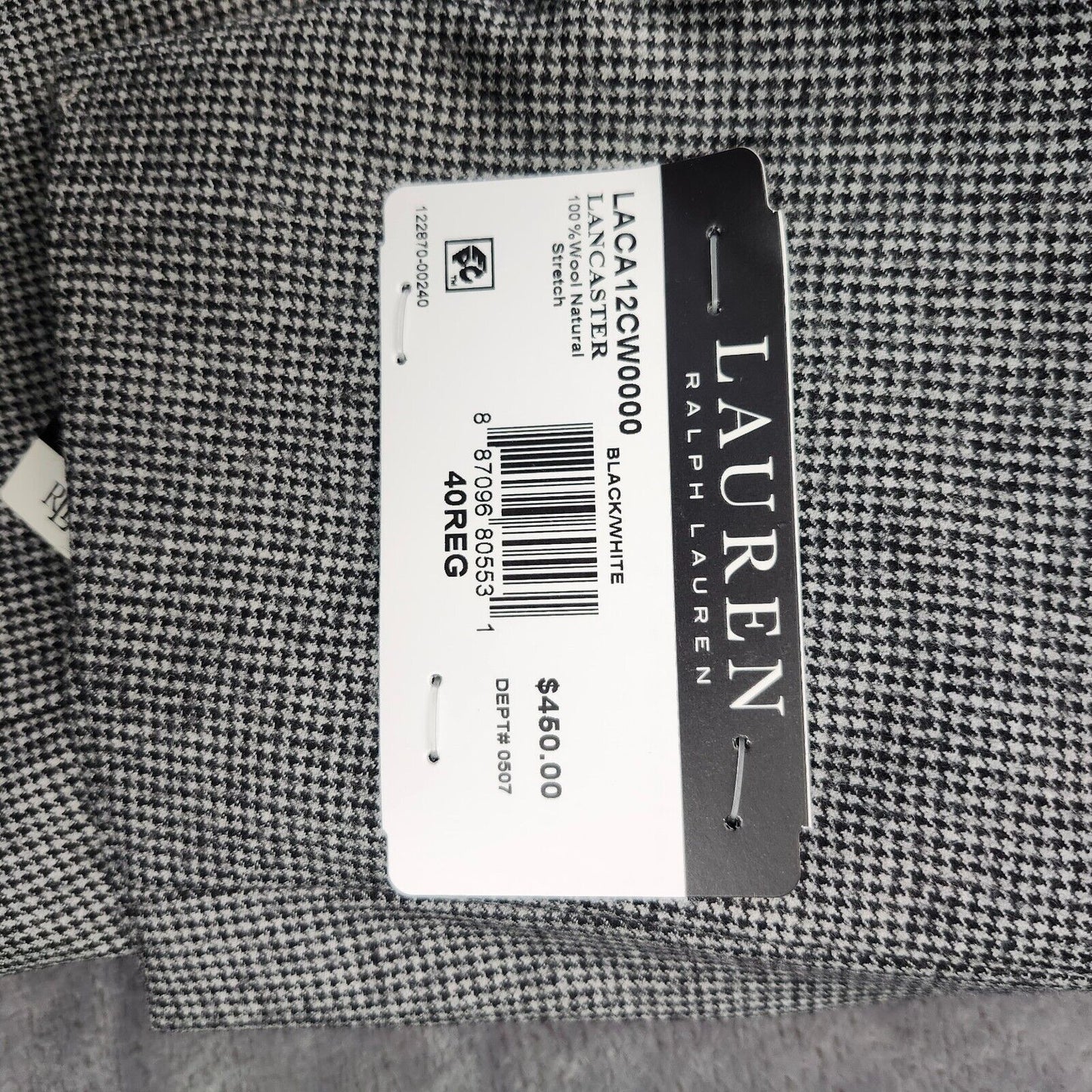 Lauren Ralph Lauren Classic-Fit Wool Suit Jacket Black/White Houndstooth 40R NWT
