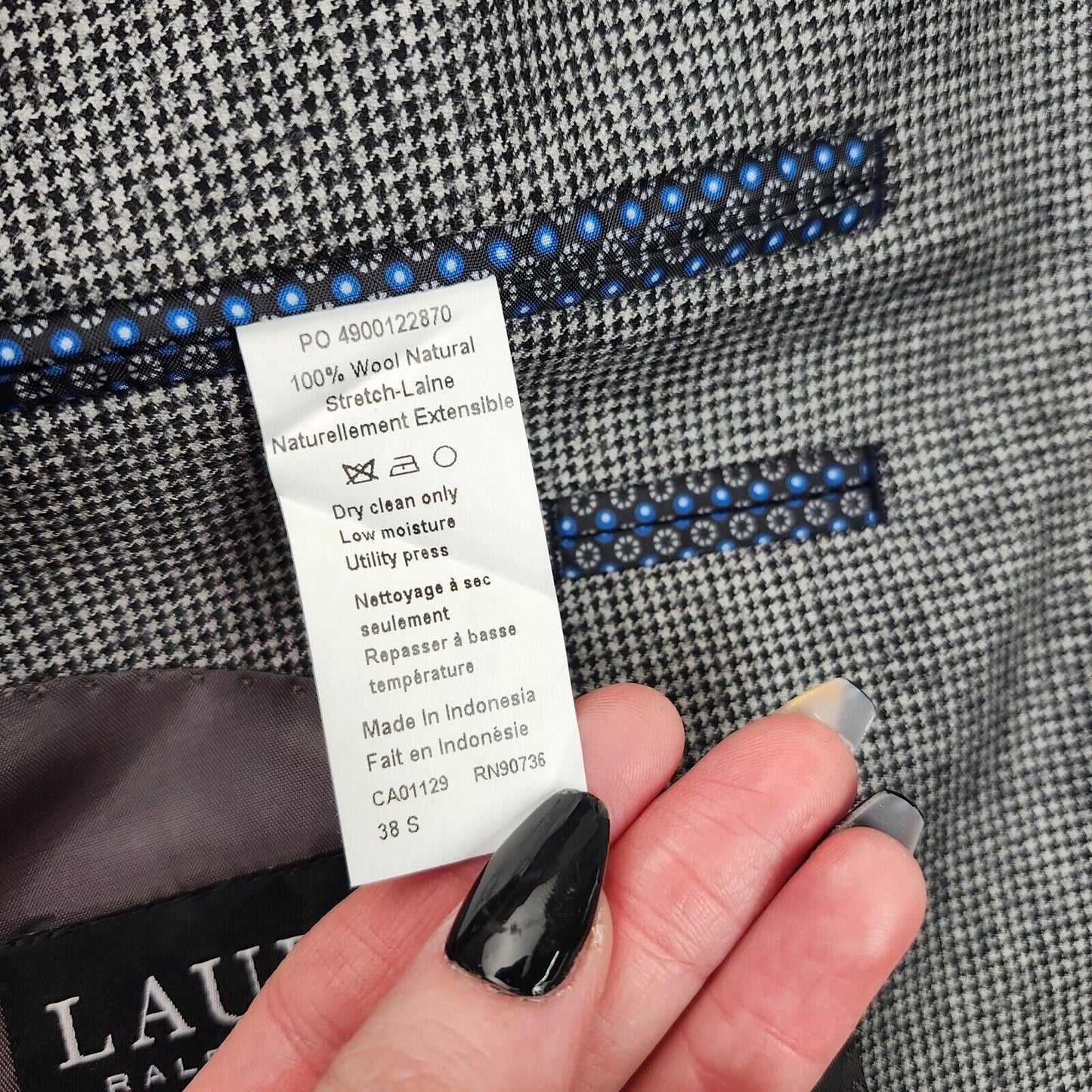 Lauren Ralph Lauren Classic-Fit Wool Suit Jacket Black/White Houndstooth 38S NWT