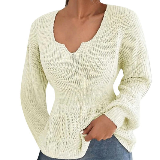 Womens Waist Knit Sweater Tops Casual Long Sleeve Notch Neck Small