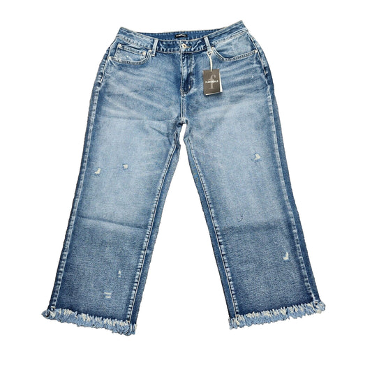 Flamingals Women's High Waist Straight Raw Hem Capri Blue Jeans Size XL