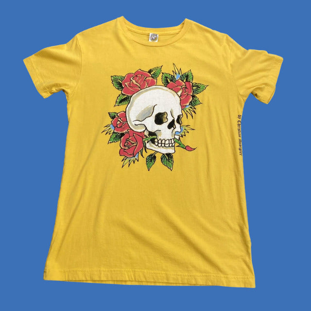 VTG Ed Hardy Mens MED Yellow T Shirt Skull and Flowers Floral Christian Audigier