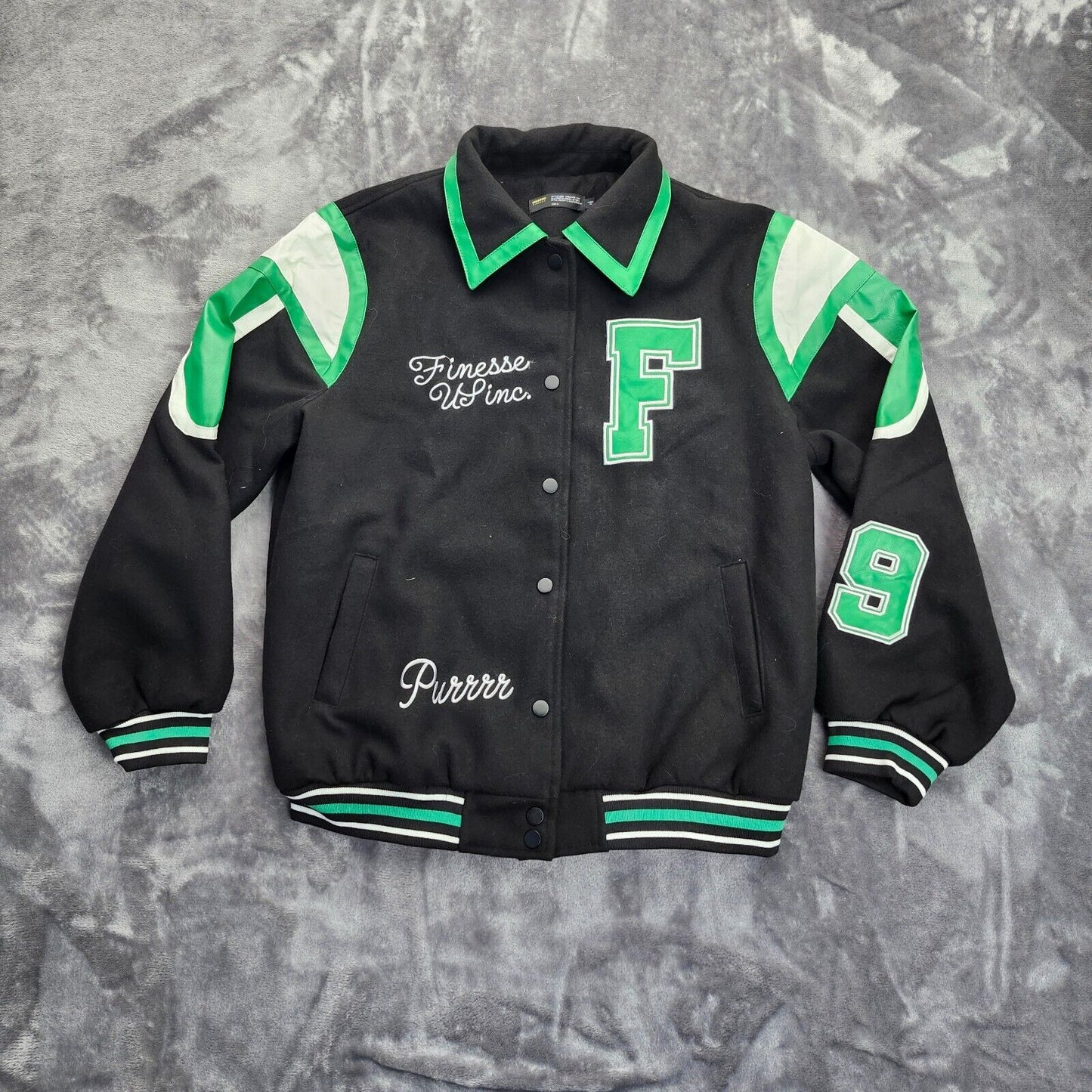 Finesse Bobby Black Varsity Jacket GREEN Varsity Logo Patch Jacket size small
