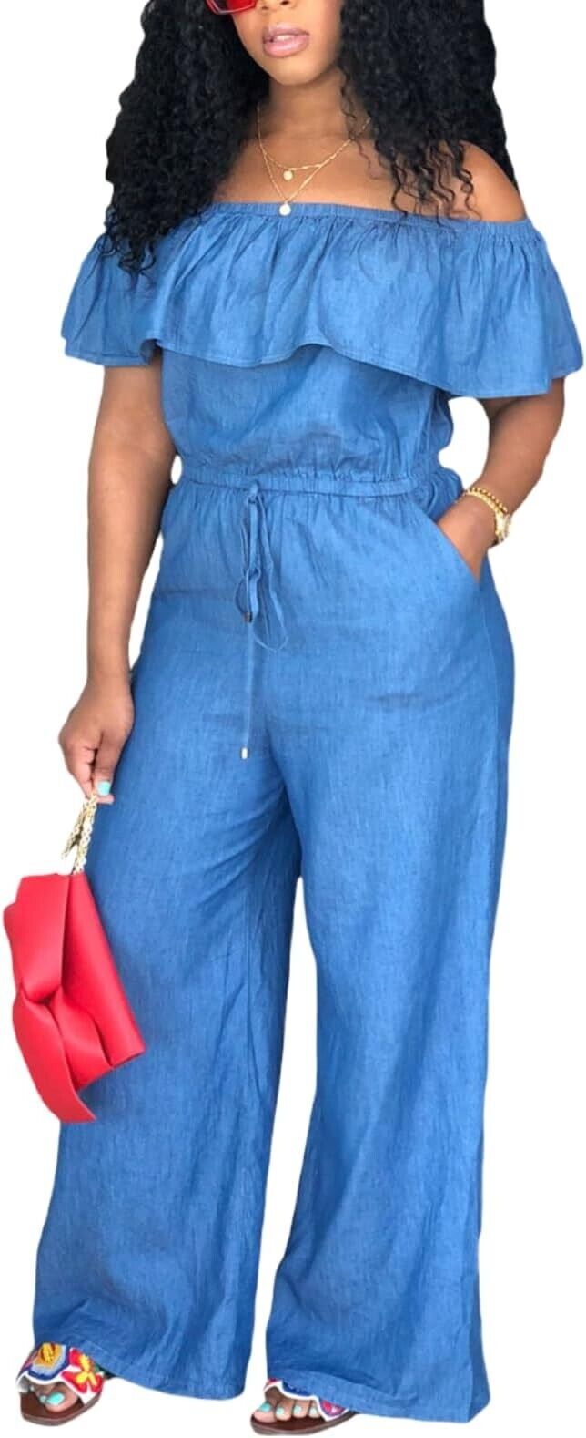 Womens Off the Shoulder Neck Loose Fitting Denim Jumpsuit 2XL
