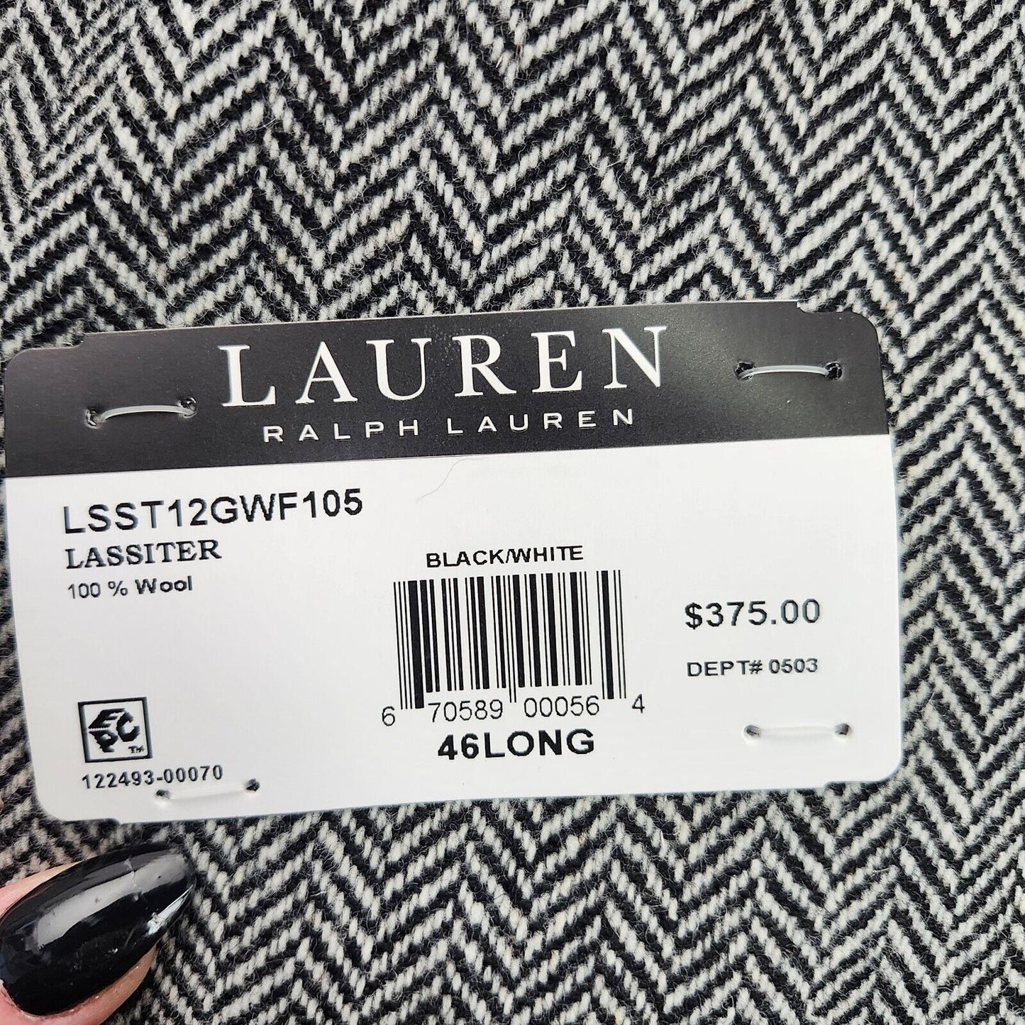 Lauren Ralph Lauren Classic-Fit Wool Suit Jacket Black/White Herringbone 46L NWT