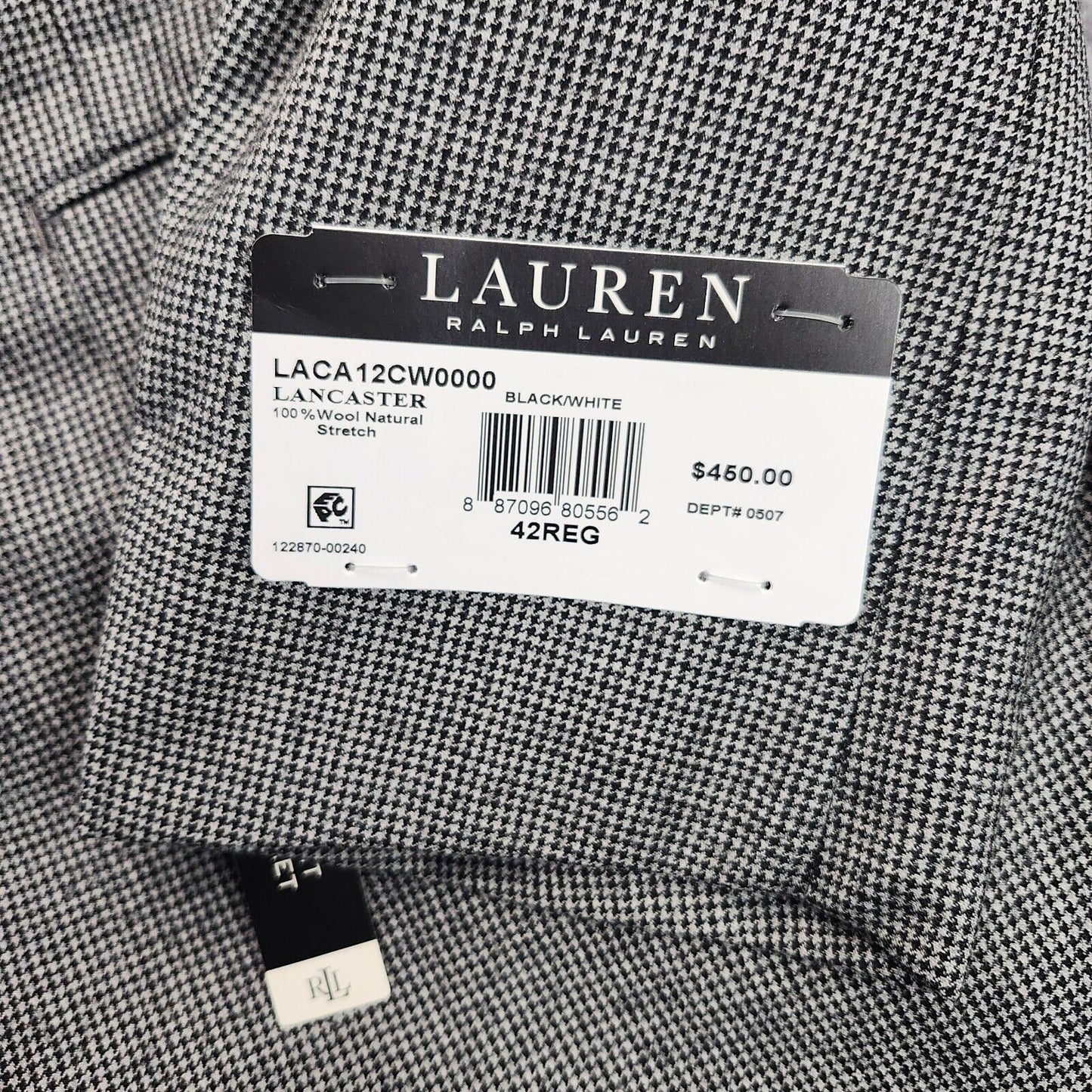 Lauren Ralph Lauren Classic-Fit Wool Suit Jacket Black/White Houndstooth 42R NWT