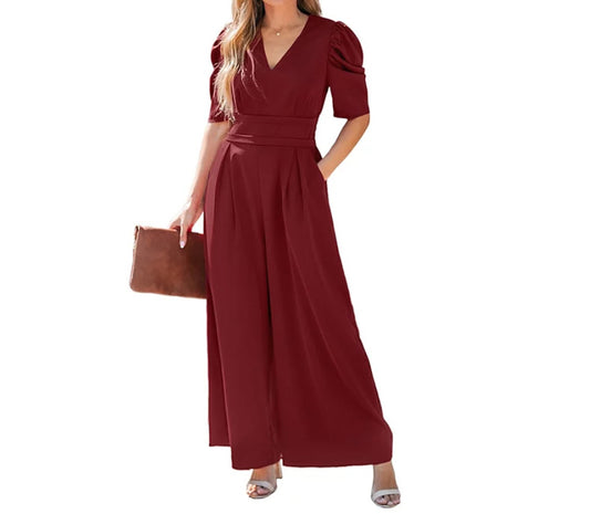 CUPSHE Women's V-Neck Wide Leg Jumpsuit Burgundy X-Large