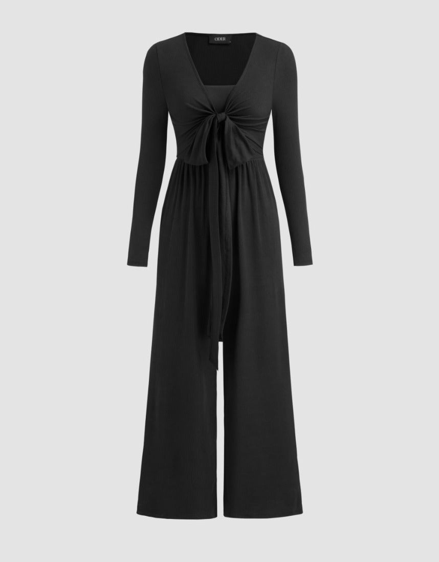 CIDER Womens Solid V-neck Wide Leg Jumpsuit Black size Medium