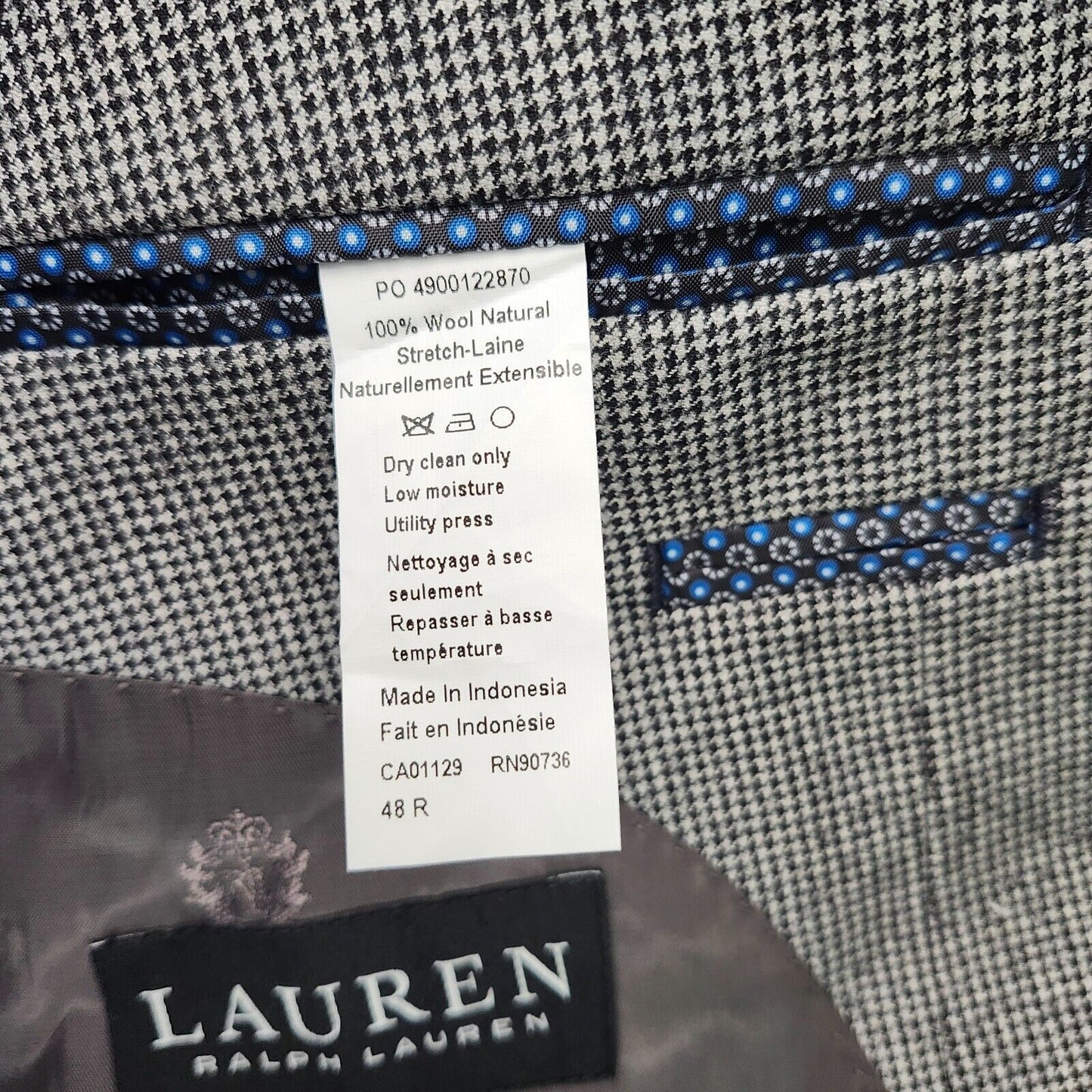 Lauren Ralph Lauren Classic-Fit Wool Suit Jacket Black/White Houndstooth 48R NWT
