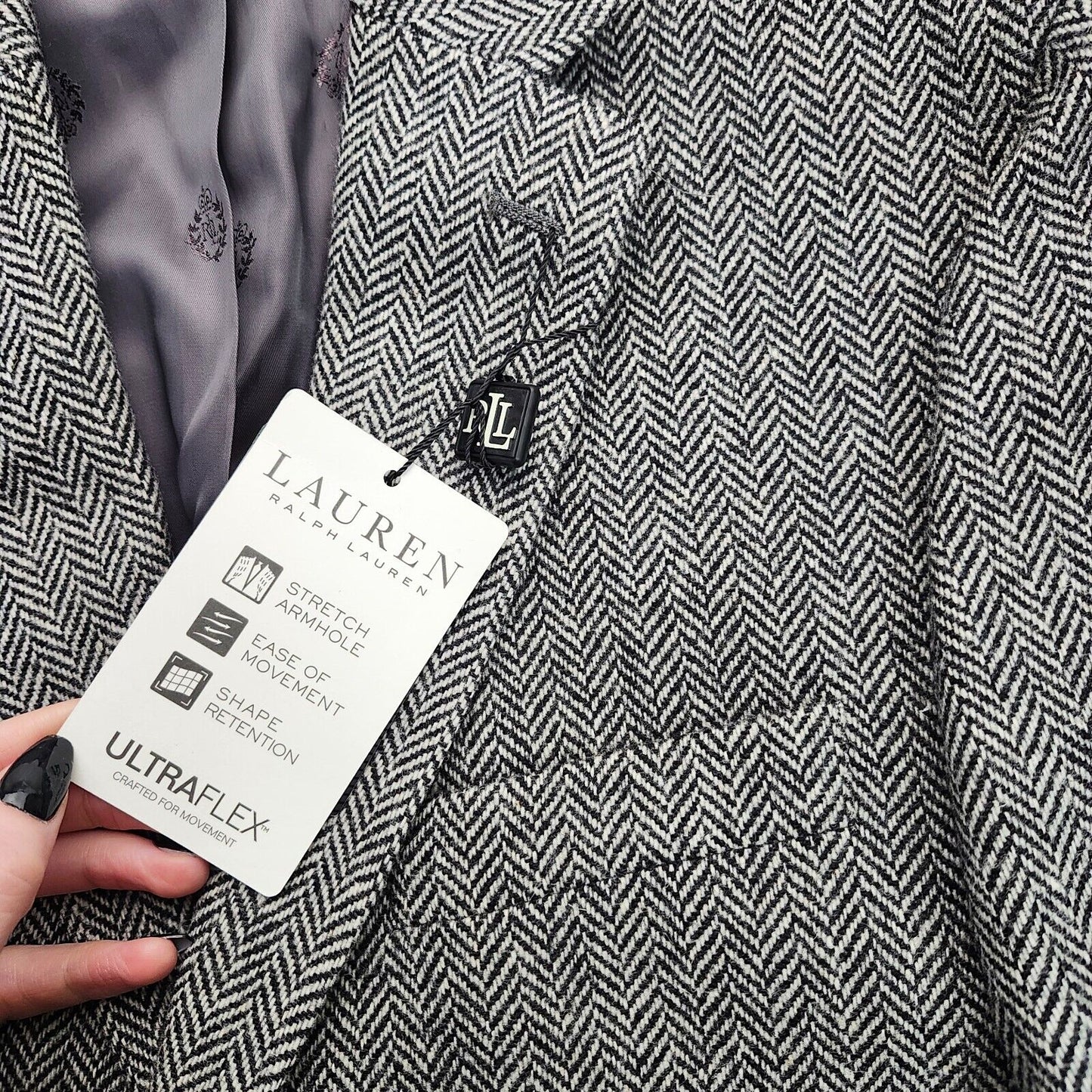 Lauren Ralph Lauren Classic-Fit Wool Suit Jacket Black/White Herringbone 42S NWT