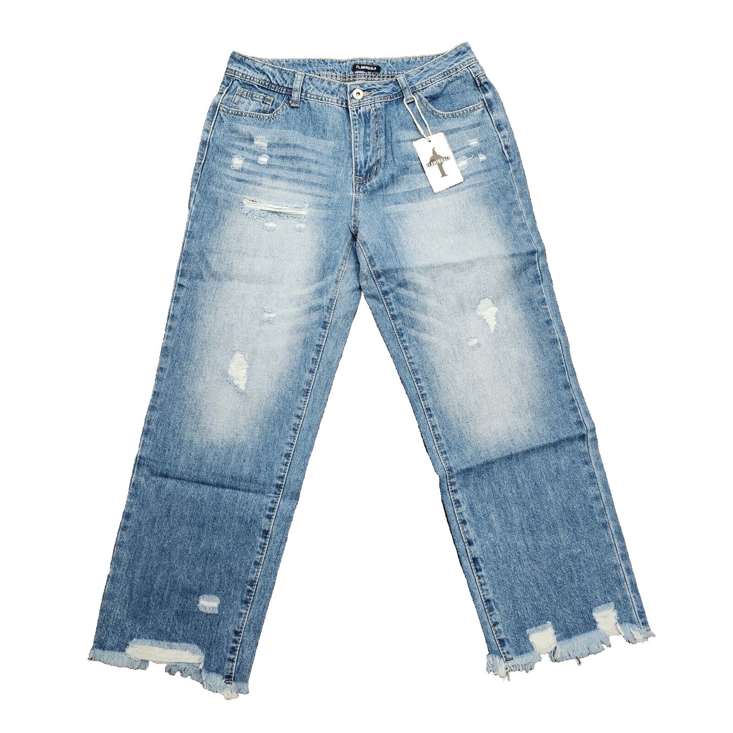Flamingals Women's High Waist Straight Ripped Ankle Blue Jeans Size Medium