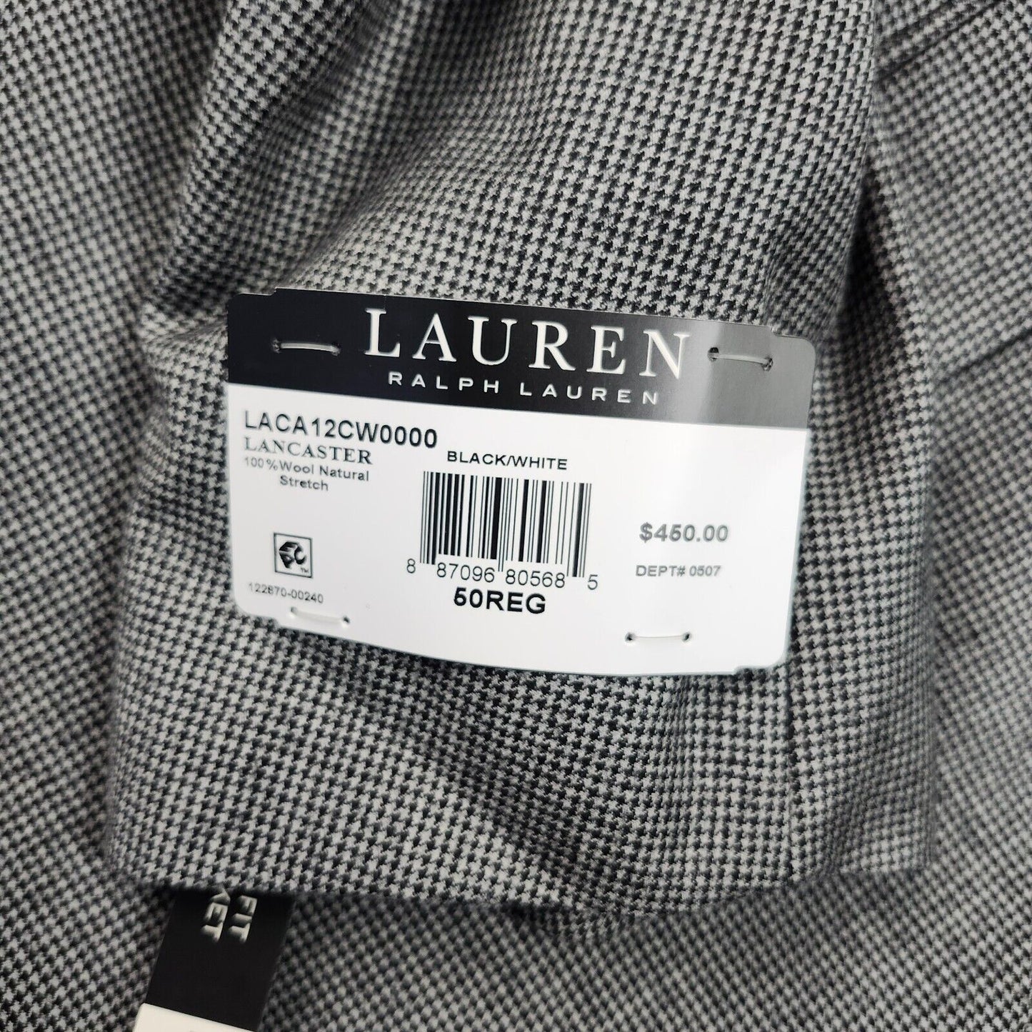 Lauren Ralph Lauren Classic-Fit Wool Suit Jacket Black/White Houndstooth 50R NWT