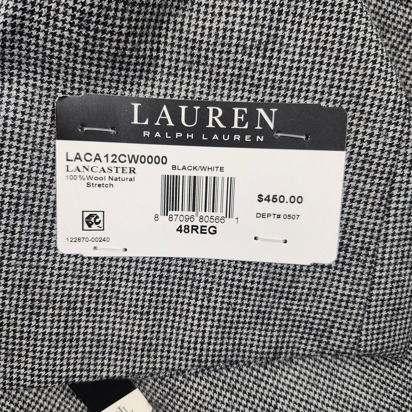 Lauren Ralph Lauren Classic-Fit Wool Suit Jacket Black/White Houndstooth 48R NWT