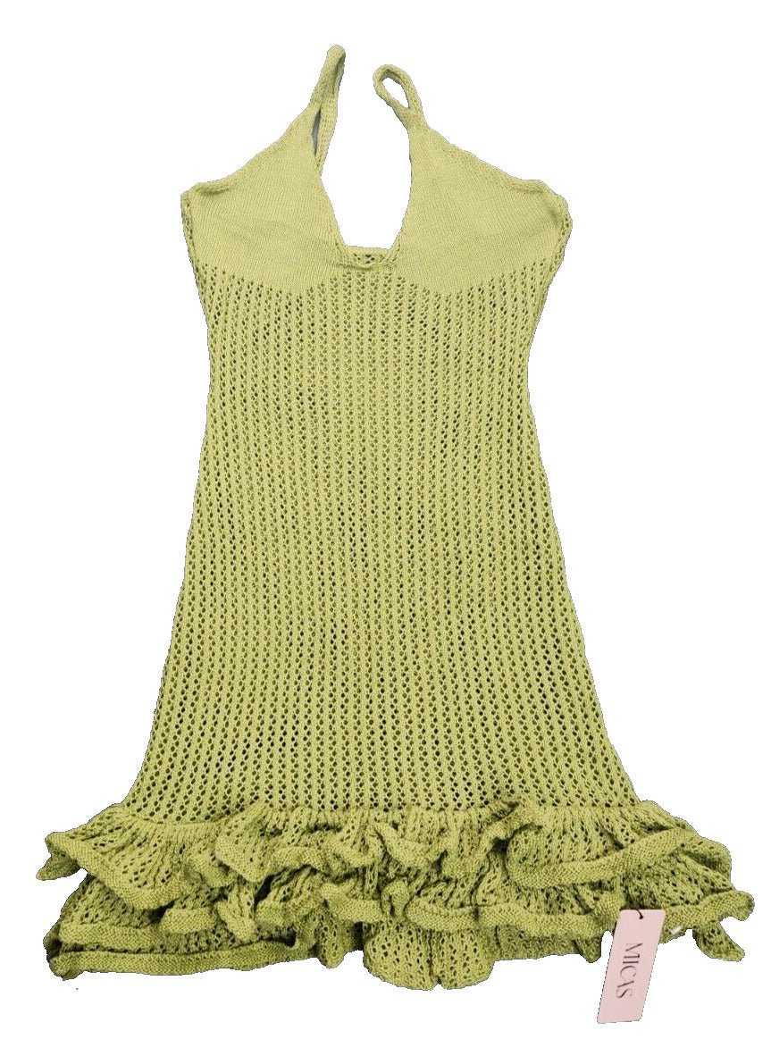 Micas Openwork Knit Mini Dress with Ruffle Hem Green size XL