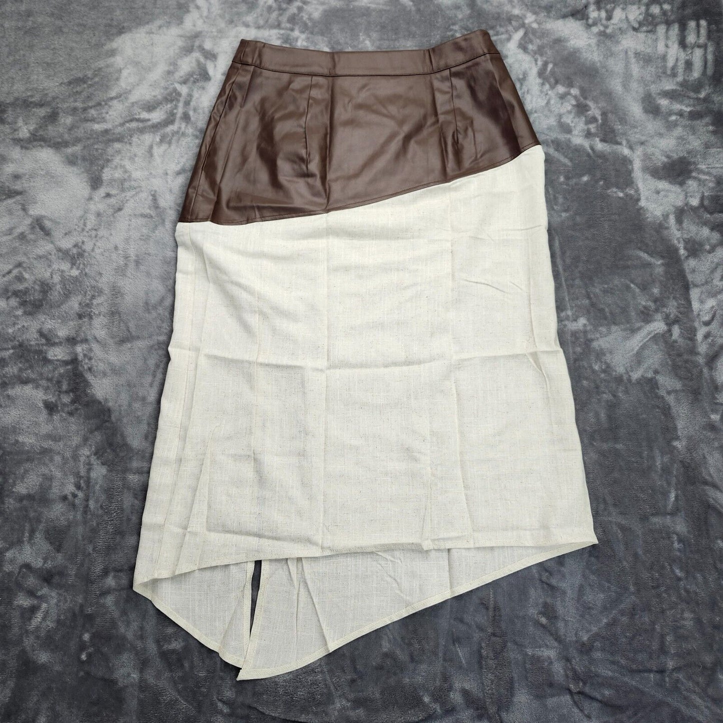 MICAS Contrast Brown Faux Leather And Linen Slit Asymmetrical Skirt XL
