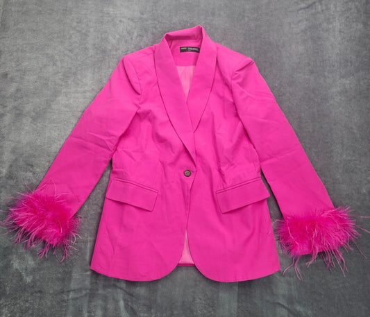 Finesse Womens Long Sleeve Feather V Neck Party Clubwear Blazer Pink Sz XS