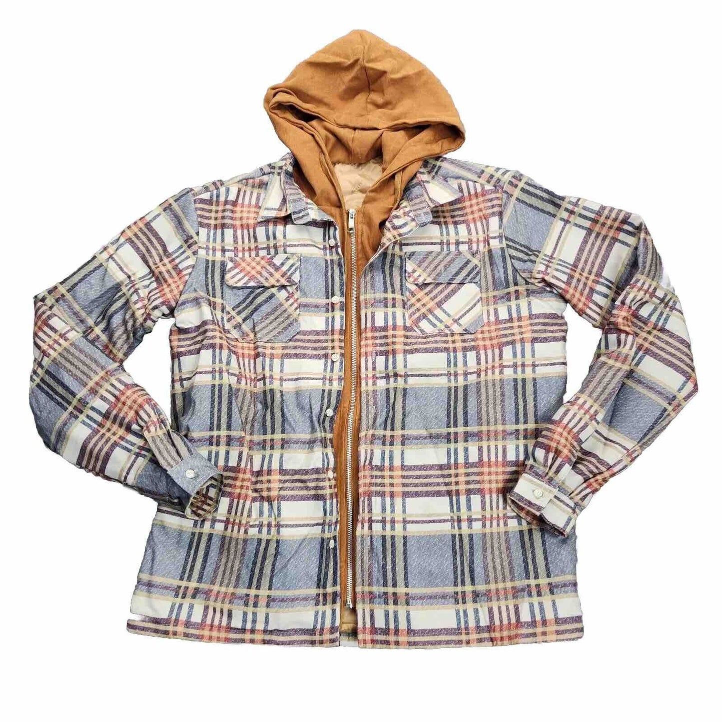 Men's Zip up Quilted Lined Button Down Plaid Jacket with Hood 2XL