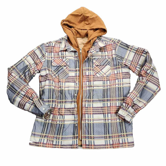 Men's Zip up Quilted Lined Button Down Plaid Jacket with Hood 2XL