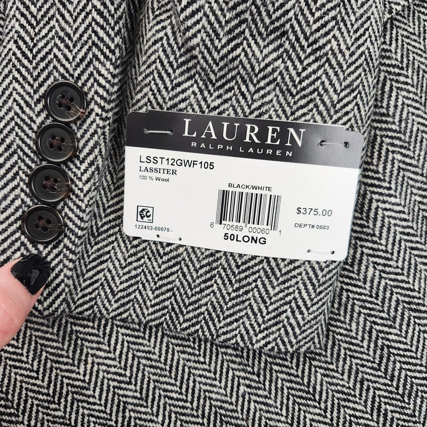Lauren Ralph Lauren Classic-Fit Wool Suit Jacket Black/White Herringbone 50L NWT