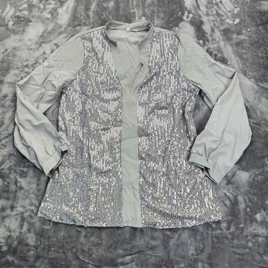 Womens V-Neck Long Sleeve Sequin Blouse Silver Large