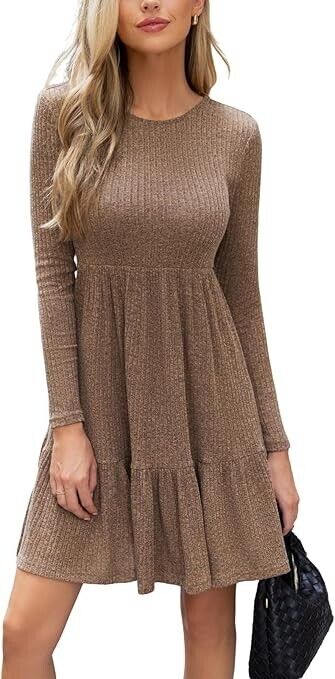 CUPSHE Womens Round Neck Long Sleeve Knit Ruffled Fitted A Line Mini Dress