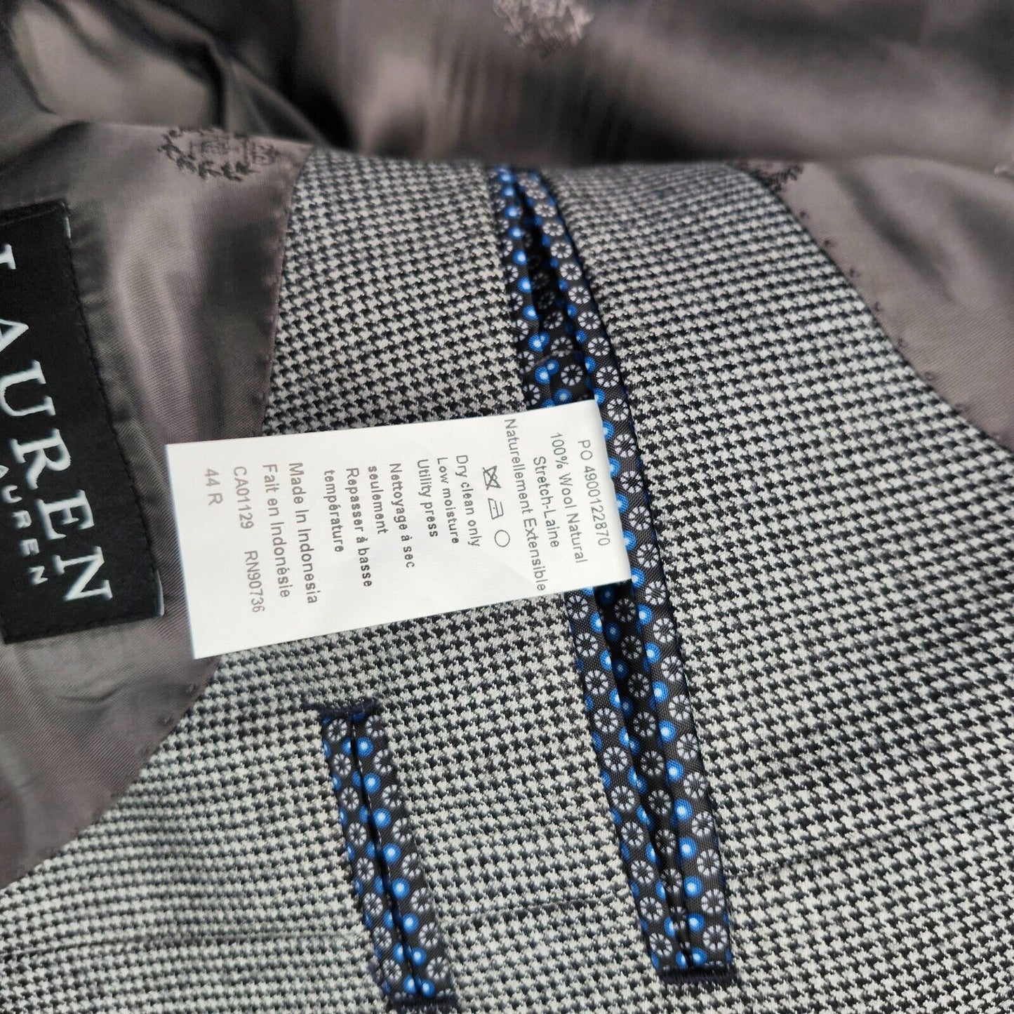 Lauren Ralph Lauren Classic-Fit Wool Suit Jacket Black/White Houndstooth 44R NWT