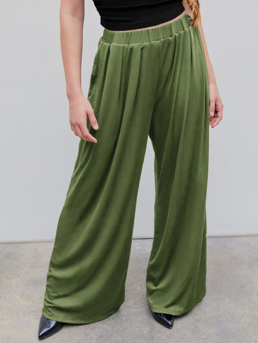 Cider Solid Elastic Waist Pocket Wide Leg Pants Green - Size L