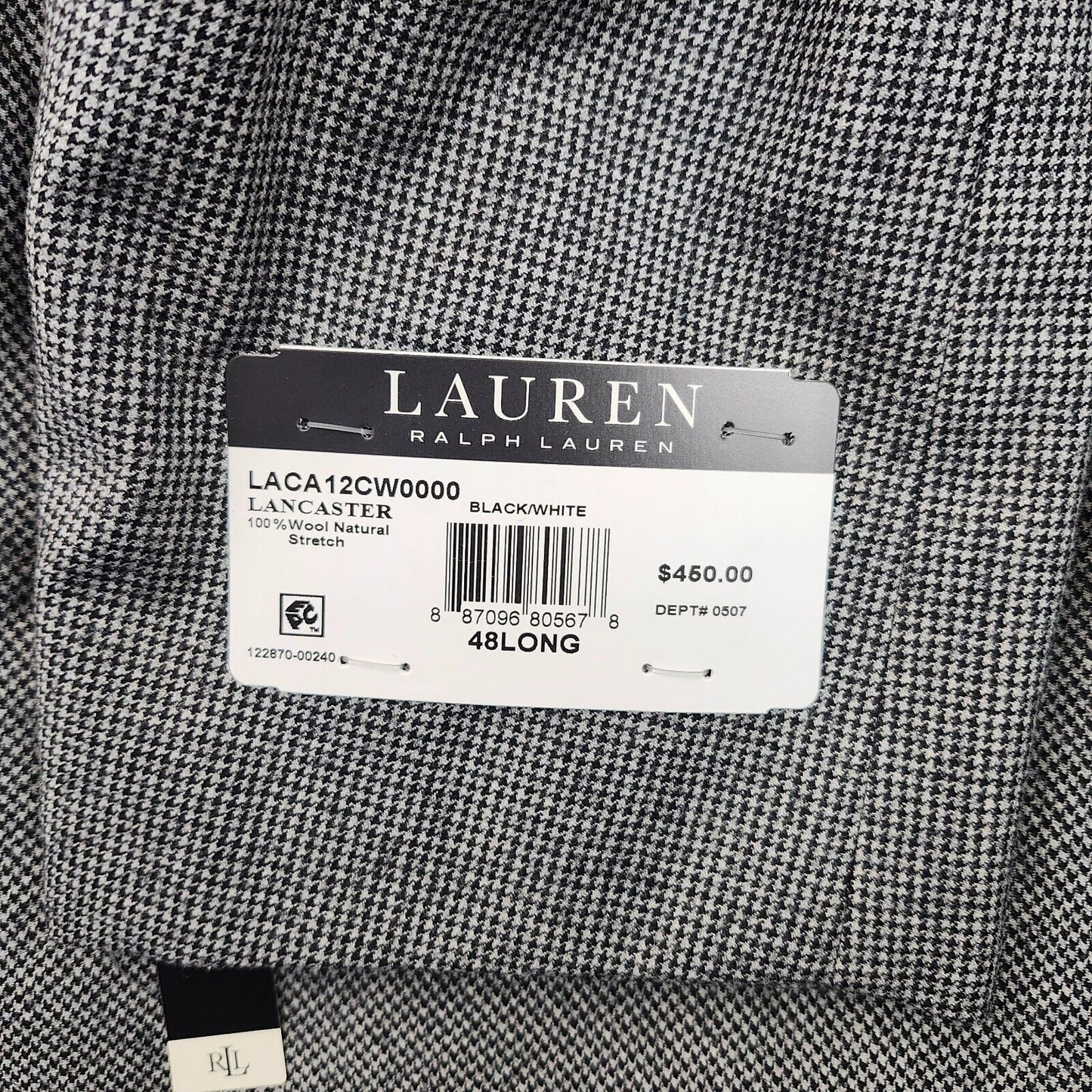 Lauren Ralph Lauren Classic-Fit Wool Suit Jacket Black/White Houndstooth 48L NWT