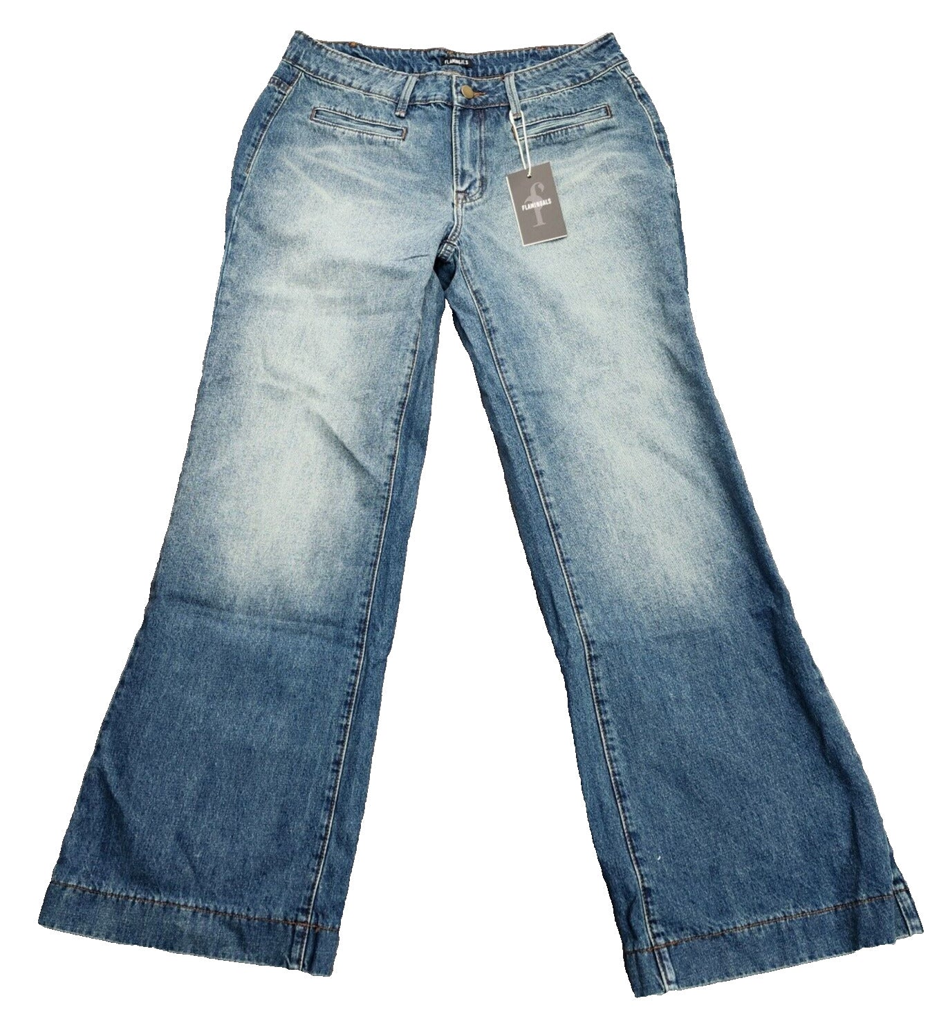 Flamingals Women's Straight Wide Leg Faded Blue Jeans Size Large