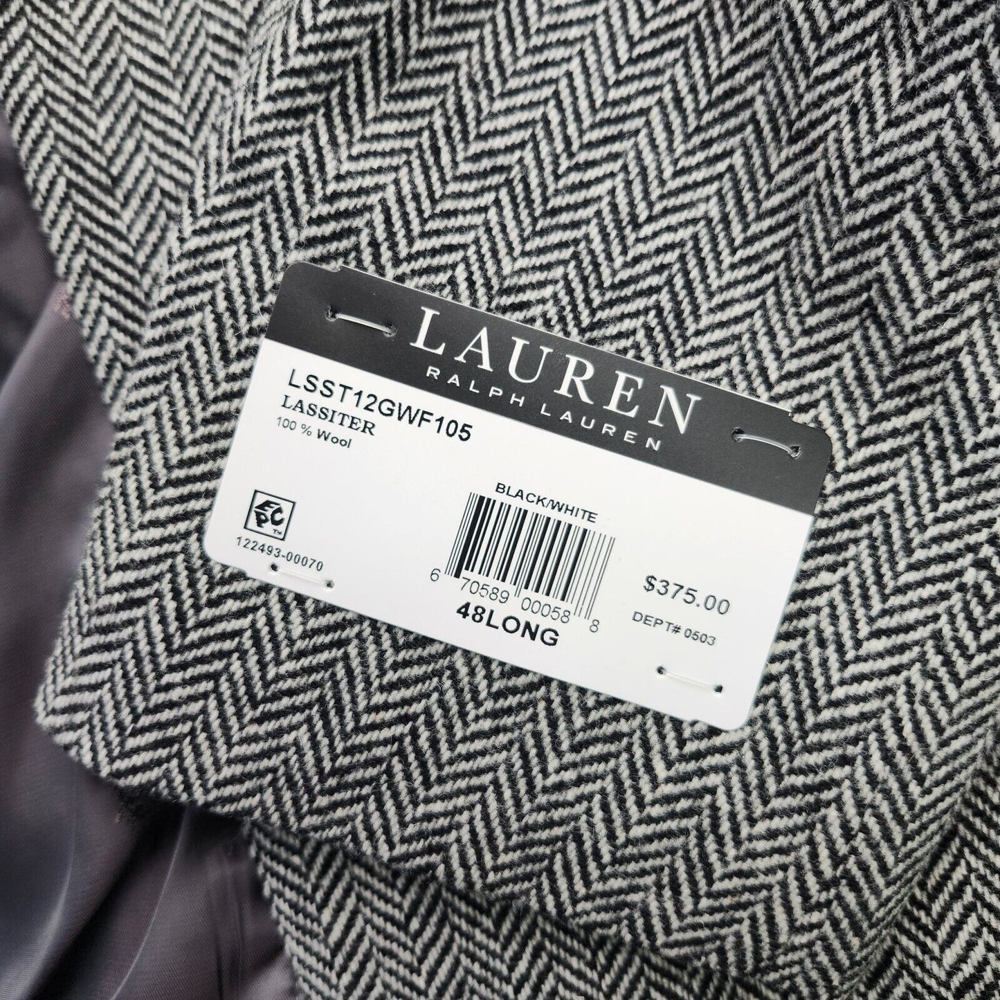 Lauren Ralph Lauren Classic-Fit Wool Suit Jacket Black/White Herringbone 48L NWT