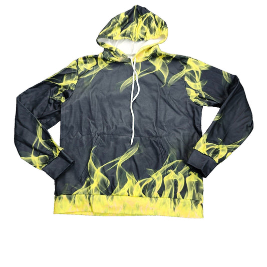 Men’s Flame 3D Printing Hoodie Sweatshirt, Unisex Pullover Hoodie Yellow Large