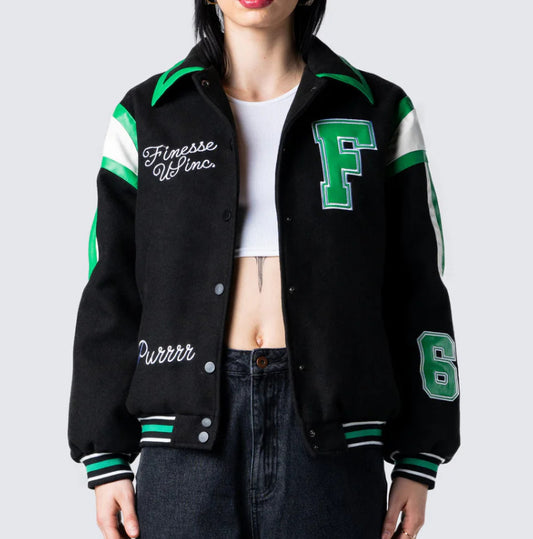 Finesse Bobby Black Varsity Jacket GREEN Varsity Logo Patch Jacket size small