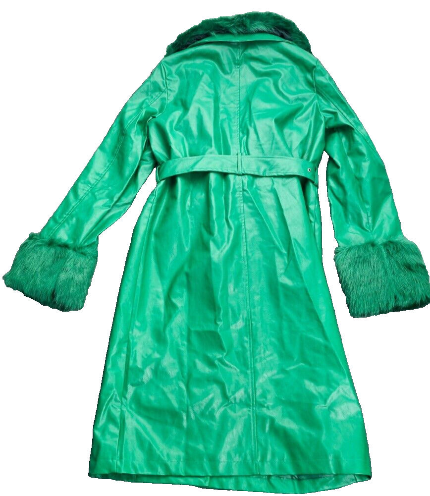 Finesse Bright Green Faux Fur Collar Trim Trench Coat XS