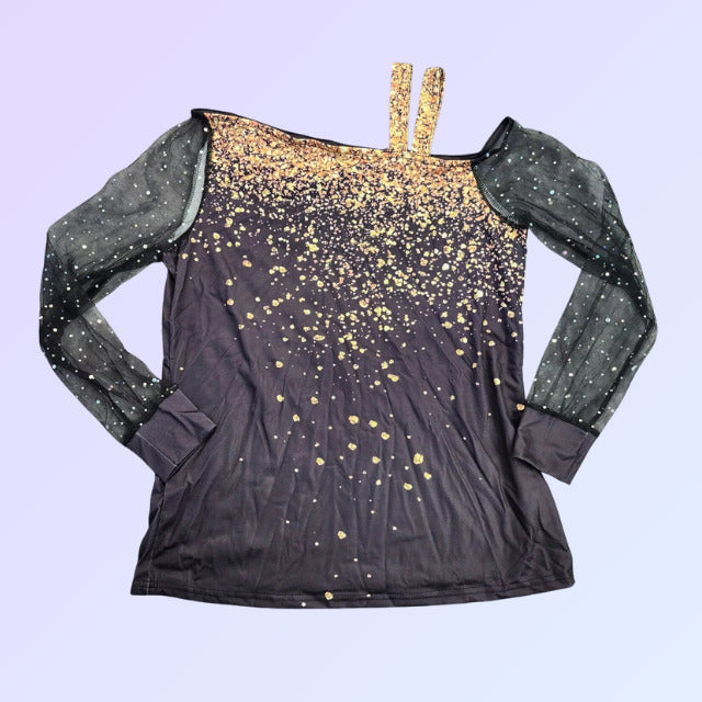 luhan Women's Mesh Cold Shoulder Tops  Shiny Mesh Splicing Long Sleeve Shirts Sm