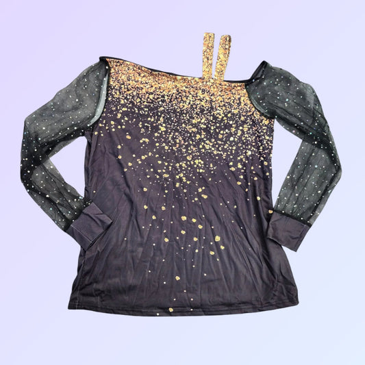 luhan Women's Mesh Cold Shoulder Tops  Shiny Mesh Splicing Long Sleeve Shirts Sm
