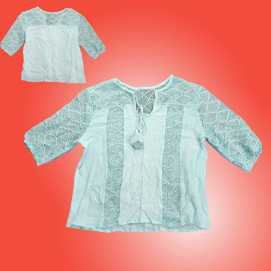 Women Summer Blouse Cotton Solid Color Hollow O-Neck 3/4 Sleeve Lace Size 2XL
