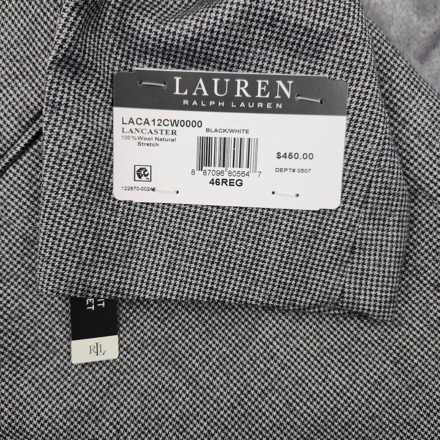 Lauren Ralph Lauren Classic-Fit Wool Suit Jacket Black/White Houndstooth 46R NWT