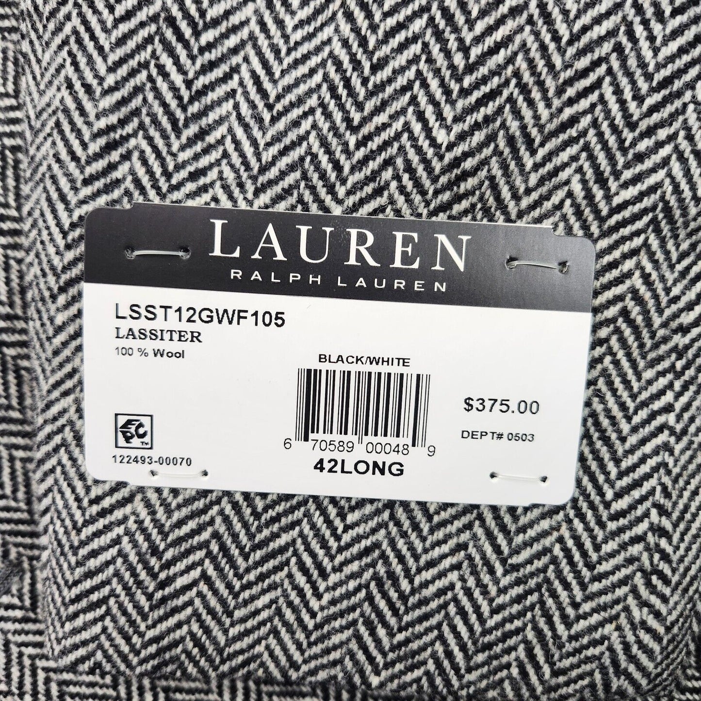 Lauren Ralph Lauren Classic-Fit Wool Suit Jacket Black/White Herringbone 42L NWT