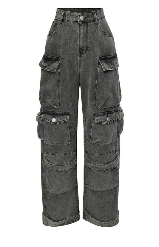 MICAS Denim Jeans Woman’s Multi Pocket Rolled Hem Wide Leg Cargo Jeans Size XL